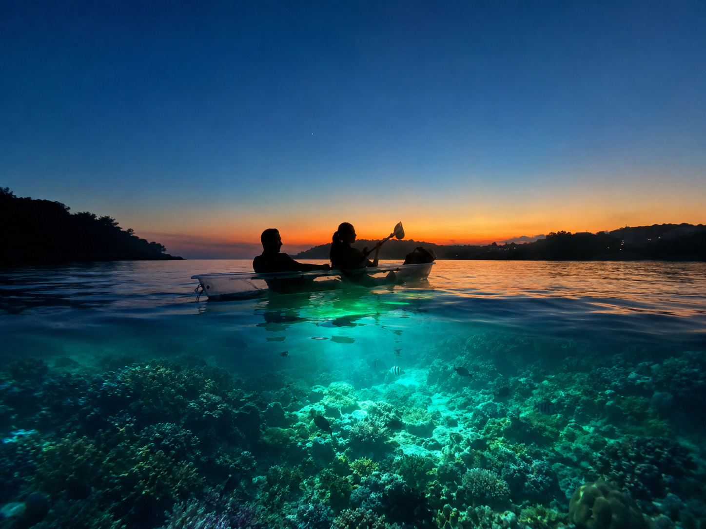 Glowing transparent kayak at sunset in Labuan Bajo